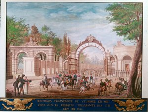 Triumftillträde för Agustin Iturbide (1783-1824), förste kejsaren av det oberoende Mexiko, i Mexico City 1821-09-07 (triumferande inträde för den första kejsaren av det fria Mexiko Agustin Iturbide i Mexico City, 7 september av Unknown artist