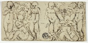 Två dekorativa grupper av Putti med trumpeter och frukt av Unknown artist