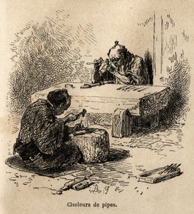 Två arbetare, med varsin hammare och en stans, håller på att rista metallrör i sin verkstad. Gravyr för att illustrera resan till Japan, av Aime Humbert, minister för Schweiziska edsförbundet, 1863-1864, publicerad i "" le tour du monde", under ledning av Unknown artist