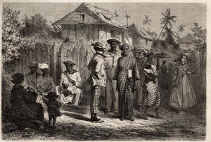 Typer av inhemska Cayenne (Franska Guyana), kvinnor klädda i planta (knuten klänning) av madras och klädda med färgglada turbaner, männen antog den västerländska dräkten. Gravyr för att illustrera resan i Franska Guyana 1862-1863, av Frederic Bouyer, ca. av Unknown artist