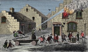 Användning av brandpump för att släcka en brand. 1733 gravyr. av Unknown artist