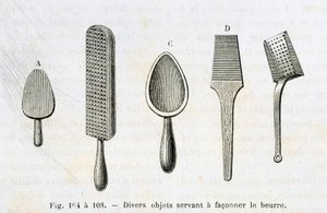 Olika föremål som användes för att forma smör - i "" The wonders of the industry"" av Louis Figuier av Unknown artist