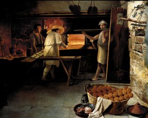 Utsikt från insidan av ett bageri Bagare bakar brödet i ugnen. Anonym målning från 1700-talet. Rom, Museo del Folklore av Unknown artist
