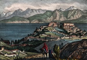 Utsikt över Candle och Atlaskedjan, stad tagen av general Trézel från den franska armén i Afrika 1833. I "" Storia d
