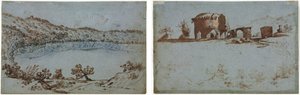 Utsikt över sjön Nemi (recto) Liten grupp romerska ruiner (verso) av Unknown artist