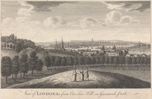 Utsikt över London och kyrkan från One Tree Hill i Greenwich Park av Unknown artist
