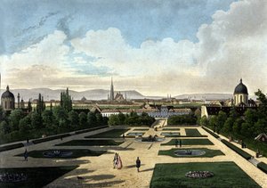 Utsikt över Wiens Belvedere, österrikiskt barockpalats byggt av Eugene de Savoye. Litografi från 1800-talet av Unknown artist