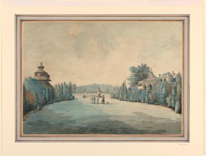 Utsikt över en trädgård med pagod av Unknown artist