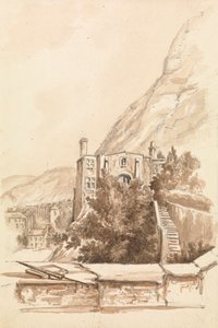 Utsikt över en stad med klippor i bakgrunden av Unknown artist