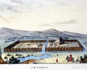 Utsikt över det antika Babylon: i mitten templet och de hängande trädgårdarna. Brinnande sd. tidigt 1800-tal. av Unknown artist