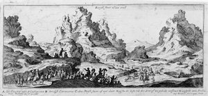 Vy över husvagnar i Sinaiöknen. 1700-talsgravyr. av Unknown artist
