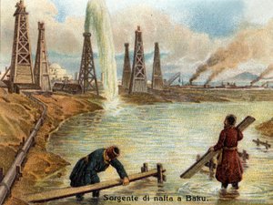 Vy över oljekällor i Baku, Azerbajdzjan. kromolitografi omkring 1890. av Unknown artist