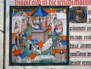 Utsikt över Lendit-mässan, populär sammankomst och promenader i staden Saint Denis. Paris eveque välsignade invigningen av detta evenemang. Miniatyr från "Pontifical de Sens"" 1300-talets Paris, B.N. av Unknown artist