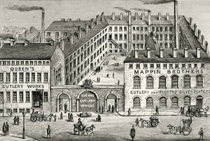 Vy över Mappin Brothers bestickfabrik i London. Detalj av annons från 1891. Gravyr. av Unknown artist