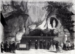 Utsikt över grottan i Lourdes i Höga Pyrenéerna där Jungfrun visade sig för Bernadette Soubirous (1844-1879) 1858, nuvarande pilgrimsfärdsort. Gravyr av 1800-talet av Unknown artist