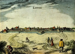 Utsikt över staden Leipzig i Tyskland. 1700-talsgravyr av Unknown artist