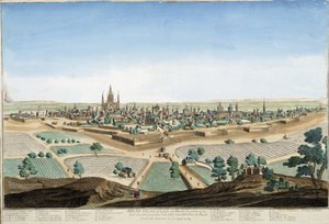 Utsikt över staden Milano, Italien med katedralen och befästningarna. Gravyr av 1700-talet. av Unknown artist