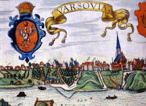 Utsikt över staden Warszawa med stadens vapen. 1780. av Unknown artist
