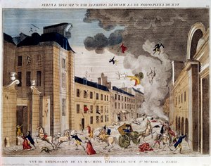 Vy över explosionen av den infernaliska maskinen på rue Saint Nicaise i Paris på 3:e nivose an IX. Infernalmaskinens konspiration är en konspiration för att döda Napoleon Bonaparte, den nye förste konsulen efter statskuppen den 18 Brumaire. En in av Unknown artist