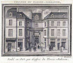 Utsikt över den yttre fasaden av kollegiet i Plessis Sorbonne (Paris), grundat 1323 av Geoffroy av Plessis Balisson som användes från 1848 till 1849 av ENA. Gravyr bevarad på Musee Carnavalet, Paris. av Unknown artist