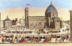 Utsikt över den stora katedralen i Florens (Duomo Santa Maria del Fiore) realiserad av Filippo Brunelleschi, på dagen för den Helige Gudens procession. 1790 ca. av Unknown artist