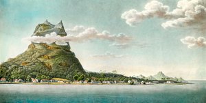 Utsikt över ön Bora Bora i nuvarande Franska Polynesien. Gravyr av 1700-talet. Privat samling av Unknown artist