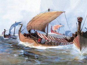 Vikingabåt på väg mot Normandie, akvarell av Unknown artist