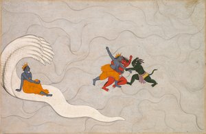 Vishnu strider mot Madhu och Kaitabha, från Markandeya Purana av Unknown artist