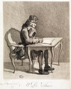 Voltaire vid sitt arbetsbord - gravyr av Unknown artist