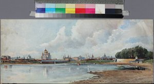 Vue de Moscou despuis le jardin Neskoutchni - Utsikt över Moskva från Neskuchny-trädgården, Anonym . Akvarell på papper, ca 1880-1885. Statens museum för A.S. Pushkin, Moskva av Unknown artist