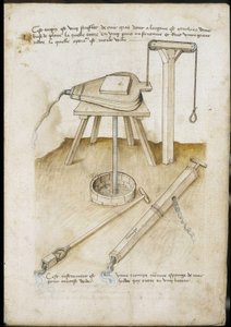 Vattenpumpningsinstrument - Manuskript: pergamentark av en ingenjörsmanual för konstruktion av civila, religiösa och militära byggnader, anonymt, sent 1400-tal (figur med kinesiskt bläck) av Unknown artist
