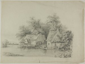 Vattenkvarn och stuga med halmtak av Unknown artist