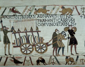 Vapen och vin förs till fartygen under tankningen för erövringen av England av Vilhelm Erövrarens flottor (1027-1087) 1066 Detalj av Bayeux gobeläng eller Broderi av Drottning Mathilde av Unknown artist