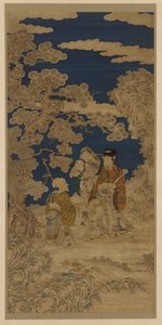 Inslagsvävd gobeläng (kesi): Three Star Gods and Joy Personifierad som två barn av Unknown artist