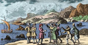Häxkonst och övertygelser: finska och samer som provocerar en storm genom tre knops magi. Gravyr från "Mundi Mirabilis Oeconomia" av Johann Zahn (1631-1707) av Unknown artist
