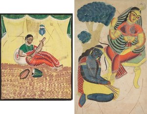 Kvinna som spelar musik (recto); Krishna stryker Radhas fötter (verso) av Unknown artist
