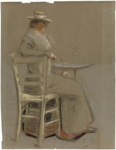 Kvinna som sitter vid ett bord av Unknown artist