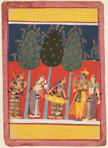 Kvinnor spelar musik för Radha och Krishna: Chitrani Nayika, från en Rasikpriya av Unknown artist