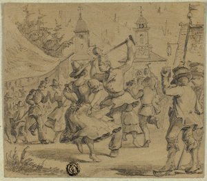 Kvinnor och soldater dansar på torget i byn av Unknown artist