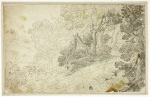 Skogbevuxen flodlandskap med utsikt över slottet av Unknown artist