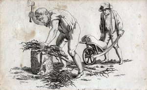Trägubbar som gör buntar av trä och man som bär buntar på en skottkärra. Slutgravyr av 1700-talet. Privat samling. av Unknown artist