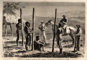 Arbetare från Nya Hebriderna (eller sedan 1980, Republiken Vanuatu, en melanesisk ögrupp i norra Nya Kaledonien), bygger ett hus, som författaren möter under en utflykt till häst. Gravyr för illustrrer le voyage à la Nouvelle Caledonie, av Unknown artist