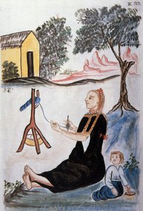 Ung indisk kvinna som spinner ull, från boken "Trujillo of Peru" eller "Codex Martinez Companion", av Baltazar Martinez Companion och Bujanda, biskop av Trujillo (1782-1785) av Unknown artist