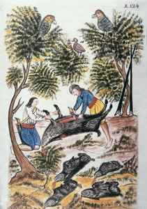 Unga indier motilones slaktar ett vildsvin, från boken "Trujillo del Peru" eller "Códice Martínez Compañón", av Baltazar Martinez Compañón y Bujanda, biskop av Trujillo (1782-1785) av Unknown artist