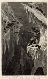 Ung eskimau som fångar arktiska pingviner. Gravyr för att illustrera resan till den arktiska polens fria hav, av doktor Hayes, kirurg vid den amerikanska flottan, 1860-1862, publicerad i "Le tour du monde, nouveau journal des voyages", redigerad av Edouard av Unknown artist