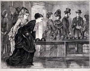Unga kvinnor som spelar bowling, i USA, cirka 1870 - gravyr av Unknown artist