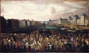 Pont-Neuf, sett från ingången till Place Dauphine, Quai Malaquais med Collège des Quatre-Nations under uppförande, Grande Galerie och Louvren, omkring 1665. Passage av en procession på bron, mellan 1665 och 1669 (olja på duk) av Unknown artist
