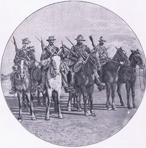 Boers beväpnade med gevär och paraplyer, från After Pretoria: The Guerilla War publicerad av Harmsworth Bros Limited av Unknown photographer