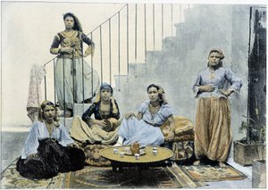 Moriska kvinnor i Alger dricker te - autokrom, sent 1800-tal av Unknown photographer