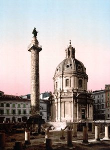 Rom. Vy över Foro Trajano (Forum Trajanus) med kolumn. Photochrome sd. omkring 1900. Fotokrom av Unknown photographer